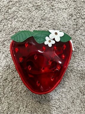 Red Strawberry Shaped Clear Cosmetic Pouch with Green Leaves NWT